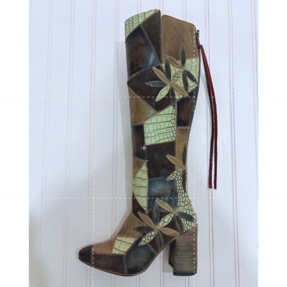 FREE BIRD BY STEVEN JUNO OLIVE MULTI COLOR PATCHWORK TALL BOOTS HANDMADE SIZE 6 - Picture 3 of 13